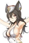  1girl animal_ears armpits arms_up bare_shoulders black_hair blush breasts cleavage double-breasted garrison_cap granblue_fantasy hair_between_eyes hat ilsa lang_(chikage36) large_breasts long_hair midriff parted_lips red_eyes red_ribbon revealing_clothes ribbon simple_background smile solo tsurime upper_body white_background white_hat 