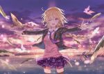  1girl :d bird black_legwear blazer blonde_hair braid fate/apocrypha fate_(series) feathers highres jacket jeanne_d&#039;arc_(fate) jeanne_d&#039;arc_(fate)_(all) long_hair nanakagura necktie ocean open_mouth outstretched_arms plaid plaid_skirt purple_neckwear purple_skirt single_braid skirt smile solo standing sunset thigh-highs violet_eyes zettai_ryouiki 