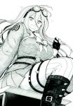  1girl absurdres ahoge breasts dangan_ronpa fingerless_gloves from_below gloves goggles goggles_on_head greyscale highres iruma_miu large_breasts long_hair monochrome new_dangan_ronpa_v3 pleated_skirt school_uniform sitting skirt solo thigh-highs wavy_mouth 