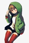 ;d alternate_costume androgynous bangs black_shorts brown_hair eyebrows_visible_through_hair feet_out_of_frame frisk_(undertale) grey_background grin hand_in_pocket hood hood_up hoodie invisible_chair long_sleeves looking_at_viewer one_eye_closed open_clothes open_hoodie open_mouth oshiruko_(tsume) red_eyes red_legwear shirt short_hair shorts simple_background sitting smile tareme teeth thigh-highs undertale unzipped white_shirt 