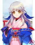  1girl 2900cm bridal_gauntlets fire_emblem fire_emblem:_akatsuki_no_megami hair_ribbon half_updo hand_on_own_chest japanese_clothes kimono long_hair long_sleeves micaiah ribbon silver_hair smile solo yellow_eyes 