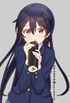  1girl bangs blue_hair blush commentary_request eating food hair_between_eyes holding holding_food long_hair looking_at_viewer love_live! love_live!_school_idol_project makizushi open_mouth otonokizaka_school_uniform school_uniform simple_background skull573 solo sonoda_umi sushi yellow_eyes 