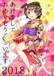  1girl 2018 :d absurdres animal_ears bangs barefoot blush bow brown_eyes brown_hair cherry_blossoms collarbone dog_ears dog_girl dog_tail eyebrows_visible_through_hair floral_print hair_between_eyes highres ichihaya japanese_clothes kimono long_sleeves obi open_mouth original print_kimono purple_bow sash short_kimono smile solo tail toenails translated wide_sleeves year_of_the_dog 