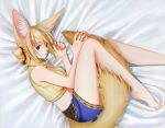  1girl animal_ears barefoot bed_sheet between_legs blonde_hair blue_eyes crop_top fetal_position fox_ears fox_tail hair_ornament highres looking_at_viewer looking_to_the_side lying nashigaya_koyomi on_bed on_side open_mouth original ribbed_sweater short_hair sidelocks skirt sleeveless sleeveless_turtleneck solo sweater tail tail_between_legs turtleneck two_side_up 