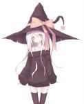 1girl 2018 albino bare_shoulders black_hat black_legwear black_sweater blush bow brown_eyes buran_(kure) closed_mouth collarbone commentary_request hat head_tilt highres long_hair long_sleeves looking_at_viewer off-shoulder_sweater original simple_background sleeves_past_wrists solo sweater thigh-highs very_long_hair white_background white_hair witch witch_hat yellow_bow 