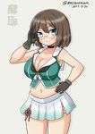  &gt;:) 1girl adjusting_eyewear bare_shoulders bespectacled black_gloves black_neckwear blue_eyes blush breasts brown_hair choker cleavage closed_mouth cowboy_shot dated glasses gloves gradient_clothes gradient_skirt green_vest grey_background hand_on_hip hand_up kantai_collection large_breasts looking_at_viewer masara_(masalucky2010) maya_(kantai_collection) miniskirt navel no_hat no_headwear pleated_skirt remodel_(kantai_collection) rimless_eyewear short_hair simple_background skirt sleeveless smile solo standing stomach thighs twitter_username v-shaped_eyebrows vest 