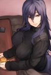  1girl black_sweater breasts closed_mouth commentary_request controller denim food from_side fruit grey_eyes hair_between_eyes indoors kotatsu large_breasts long_hair long_sleeves looking_at_viewer mandarin_orange on_floor original pants peeling pepe_(jonasan) purple_hair remote_control ribbed_sweater sitting smile solo sweater table under_kotatsu under_table 