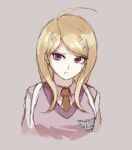  1girl ahoge akamatsu_kaede aquila-n blonde_hair dangan_ronpa long_hair musical_note musical_note_hair_ornament necktie new_dangan_ronpa_v3 pout solo sweater_vest upper_body violet_eyes 