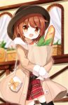  1girl :d bag baguette bangs beige_coat black_belt black_hat bow bowler_hat bread brown_eyes brown_hair coat commentary_request eyebrows_visible_through_hair food fur-trimmed_coat fur-trimmed_sleeves fur_trim grocery_bag hair_between_eyes handbag hat long_hair long_sleeves looking_at_viewer open_clothes open_coat open_mouth original paper_bag plaid plaid_skirt red_skirt shopping_bag shoulder_bag skirt sleeves_past_wrists smile solo yellow_bow yuuhagi_(amaretto-no-natsu) 