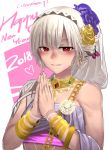  1girl 2018 altera_(fate) bandeau bangle bangs bare_shoulders blunt_bangs blush bracelet earrings fate/grand_order fate_(series) flower hair_flower hair_ornament happy_new_year i-pan jewelry necklace new_year nose_blush own_hands_together parted_lips red_eyes rose short_hair smile solo strapless tsurime two-tone_background upper_body veil yellow_flower yellow_rose 