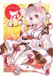  1girl 2018 animal_ears bowl breasts chopsticks eating full_body hair_between_eyes hat highres inubashiri_momiji kittona looking_at_viewer medium_breasts millipen_(medium) pelvic_curtain pom_pom_(clothes) red_eyes red_footwear ribbon-trimmed_legwear ribbon_trim sandals sideboob solo tail thigh-highs tokin_hat touhou traditional_media watercolor_(medium) watercolor_pencil_(medium) white_hair white_legwear wolf_ears wolf_tail 