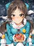 1girl blue_coat blush braid breath brown_hair closed_mouth coat commentary_request fingerless_gloves food fur_trim gloves hair_ribbon highres holding holding_food idolmaster idolmaster_cinderella_girls long_hair long_sleeves looking_at_viewer orange_gloves ribbon signature smile snowing solo tachibana_arisu tuxedo_de_cat upper_body winter_clothes winter_coat yellow_eyes 