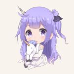  1girl azur_lane bangs bare_shoulders beige_background black_ribbon blush commentary_request detached_sleeves eyebrows_visible_through_hair hair_bun hair_ribbon halterneck kyuujou_komachi long_hair long_sleeves looking_at_viewer object_hug one_side_up pantyhose parted_lips purple_hair ribbon shirt side_bun simple_background sitting solo stuffed_animal stuffed_pegasus stuffed_toy stuffed_unicorn unicorn_(azur_lane) upper_teeth very_long_hair violet_eyes white_legwear white_shirt 