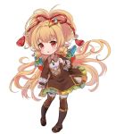  1girl :o animal_ears backpack bag bangs blonde_hair blush brown_dress brown_footwear brown_legwear commentary_request dress eyebrows_visible_through_hair full_body granblue_fantasy hair_ornament harbin leaning_to_the_side long_hair long_sleeves makira_(granblue_fantasy) nuno_(pppompon) parted_lips red_eyes sandals side_ponytail simple_background sleeves_past_wrists solo standing thigh-highs very_long_hair white_background 