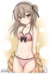  1girl animal_costume bangs bear_costume black_ribbon boko_(girls_und_panzer) bow bow_bra bra breasts brown_eyes cowboy_shot dated flipper girls_und_panzer hair_ribbon light_brown_hair long_hair looking_at_viewer navel panties parted_lips pink_bra pink_panties ribbon shimada_arisu side_ponytail small_breasts solo standing thigh_gap underwear undressing 