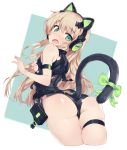  1girl animal_ears ass bare_shoulders blush breasts cat_tail covering covering_breasts cropped_legs fake_animal_ears from_behind girls_frontline green_eyes headphones kylin light_brown_hair long_hair open_mouth pouch skindentation small_breasts solo tail thigh_strap tmp_(girls_frontline) torn_clothes white_background 