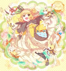  1girl :d basket black_legwear black_scarf blonde_hair brown_eyes cutiefly dress food fruit fuwasn1545 hair_bun hair_ribbon highres honey lemon lemon_slice looking_at_viewer moemon open_mouth personification pokemon ribbon ribombee scarf short_hair smile solo 