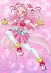  1girl :d aikawa_yousuke bow clenched_hand cure_yell double_bun earrings flower full_body hair_flower hair_ornament hair_ribbon heart hugtto!_precure jewelry layered_skirt light_particles long_hair looking_at_viewer nono_hana open_mouth pink pink_background pink_bow pink_eyes pink_footwear pink_hair pink_shirt pink_skirt pleated_skirt precure red_ribbon ribbon shirt shoes skirt sleeveless sleeveless_shirt smile solo sparkle thigh-highs white_legwear wrist_cuffs zettai_ryouiki 