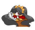  1girl ashley_(warioware) bangs big_hair black_hair blush closed_mouth commentary_request dress eyebrows_visible_through_hair hairband long_hair long_sleeves looking_at_another miina-san neckerchief orange_hairband orange_neckwear red_dress red_eyes skull smile solo stuffed_animal stuffed_bunny stuffed_toy swept_bangs twintails two-tone_background very_long_hair warioware 