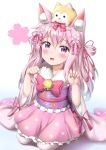  1girl :d absurdres animal animal_ears animal_on_head azur_lane bangs bell blush bow cat_ears cherry_blossom_hair_ornament claw_pose commentary_request dog dog_on_head eyebrows_visible_through_hair flower frilled_skirt frills fur_collar hair_between_eyes hair_bow hair_flower hair_ornament hair_ribbon highres japanese_clothes jingle_bell kimono kisaragi_(azur_lane) long_hair long_sleeves looking_at_viewer nedia_(nedia_region) obi on_head open_mouth pantyhose paw_pose pink_bow pink_hair pink_kimono pink_ribbon pink_skirt ribbon sash seiza short_kimono simple_background sitting skirt smile solo two_side_up very_long_hair violet_eyes white_background white_legwear wide_sleeves 