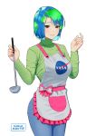  1girl apron arms_up artist_name bangs blue_hair blue_pants bow brown_eyes carlo_montie closed_mouth denim earth-chan frilled_apron frills green_hair green_shirt highres holding horizontal_stripes jeans ladle legs_together long_sleeves looking_at_viewer mole mole_under_eye multicolored_hair nasa older original pants parted_bangs personification pink_bow shirt short_hair simple_background smile solo standing striped striped_bow turtleneck two-tone_bow two-tone_hair waist_apron white_apron white_background white_bow 