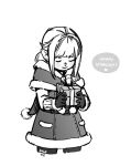  1girl ange_vie artist_name box closed_eyes final_fantasy final_fantasy_xiv gift gift_box gloves holding lalafell lineart monochrome pointy_ears santa_costume short_hair simple_background smile solo 