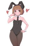  1girl absurdres animal_ears bangs bare_shoulders black_leotard black_neckwear blunt_bangs blush brown_eyes brown_hair brown_legwear bunny_girl bunnysuit closed_mouth covered_navel detached_collar eyebrows_visible_through_hair fake_animal_ears groin heart heart-shaped_pupils highleg highleg_leotard highres leotard looking_at_viewer necktie original pantyhose rabbit_ears short_hair simple_background solo strapless strapless_leotard symbol-shaped_pupils toy_box-r white_background white_collar wing_collar wrist_cuffs 