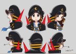  1girl bangs black_cape blue_sailor_collar blunt_bangs brown_eyes brown_hair cape closed_mouth commentary_request dated frown grey_background hat highres kill_la_kill leaf looking_at_viewer looking_to_the_side mankanshoku_mako mouth_hold multiple_views official_art open_mouth peaked_cap sailor_collar school_uniform serafuku shirt short_hair simple_background sushio white_shirt 