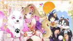  1boy 2018 2girls :3 :p ahoge animal_ears arm_up bell black_hair black_kimono black_legwear brown_hair byulzzimon cat_ears cat_tail dog dog_ears dog_tail elin_(tera) floral_print flower hair_flower hair_ornament happy_new_year heterochromia highres japanese_clothes jingle_bell kimono mouth_hold multiple_girls new_year obi official_art open_mouth pink_kimono ponytail popori sash scarf short_hair tail tera_online thigh-highs tongue tongue_out translated wallpaper year_of_the_dog yellow_eyes yellow_kimono zettai_ryouiki 