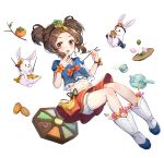  1girl :o absurdres blush brown_hair chestnut_mouth chopsticks cookie cup earrings food full_body hanbok highres jewelry korean_clothes looking_at_viewer monet930 navel original petals rabbit red_eyes short_twintails sitting solo teapot twintails white_footwear 