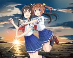  2girls :d abe_kanari backlighting black_hair black_legwear blue_eyes blue_skirt brown_footwear brown_hair clouds emblem full_body hair_ribbon high_school_fleet horizon jumping kneehighs loafers long_hair misaki_akeno multiple_girls munetani_mashiro neckerchief ocean open_mouth outstretched_arms pleated_skirt ponytail red_eyes red_neckwear ribbon school_uniform serafuku shirt shoes short_sleeves sidelocks skirt smile sunlight sunset two_side_up white_shirt 