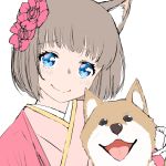  1girl animal_ears bangs blue_eyes brown_hair closed_mouth commentary_request dog dog_ears eyebrows_visible_through_hair flower hair_flower hair_ornament head_tilt highres japanese_clothes kimono looking_at_viewer new_year original saruchitan shiba_inu short_hair simple_background smile solo white_background year_of_the_dog 