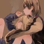  2girls blonde_hair blue_jacket brown_background brown_jacket candy cigarette commentary_request copyright_request earrings food highres hug hug_from_behind jacket jewelry lollipop long_sleeves monsieur multiple_girls profile reclining short_hair simple_background sitting smoke smoking yuri 