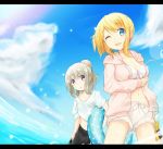  2girls ;d akisaka_yamoka black_skirt blonde_hair blue_eyes blue_sky breasts cleavage commentary_request cowboy_shot eyebrows_visible_through_hair hair_bun highres hood hoodie large_breasts long_hair looking_at_viewer manga_time_kirara midriff multiple_girls navel one_eye_closed open_mouth original outdoors shirt short_hair shorts skirt sky smile white_bikini_top white_shirt white_shorts 