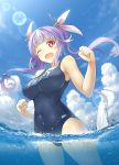  1girl armpits bare_shoulders blue_sky blue_swimsuit breasts clouds competition_school_swimsuit covered_navel day fang giantess highres i-19_(kantai_collection) kantai_collection kuro_oolong large_breasts long_hair name_tag one_eye_closed open_mouth outdoors partially_submerged purple_hair red_eyes shiny shiny_skin skin_tight sky small_breasts solo splashing swimsuit water water_drop 