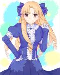  &gt;:) 1girl arm_garter bangs blonde_hair blue_bow blue_dress bow brown_eyes center_frills closed_mouth cowboy_shot dress drill_hair eyebrows_visible_through_hair fate/stay_night fate_(series) frills gloves hair_bow hand_on_hip long_hair looking_at_viewer luviagelita_edelfelt matitoumi multicolored multicolored_background parted_bangs ringlets smug solo standing v-shaped_eyebrows very_long_hair white_gloves 
