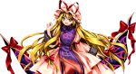  1girl :d antinomy_of_common_flowers blonde_hair bow cowboy_shot dress gap hair_bow harukawa_moe hat hat_ribbon juliet_sleeves long_hair long_sleeves looking_at_viewer mob_cap official_art open_mouth puffy_sleeves red_bow red_ribbon ribbon smile solo tabard touhou transparent_background very_long_hair wide_sleeves yakumo_yukari yellow_eyes 