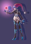  1girl absurdres alternate_costume ass black_bodysuit blue_background blue_hair bodysuit breasts chongtian_yixiao_shualuanfei collar commentary_request doremy_sweet energy_ball eyelashes floating from_behind full_body glowing hat headphones highres hoop mechanical_tail medium_breasts orb parted_lips red_eyes red_hat science_fiction shadow short_hair smile smirk solo spine standing tail touhou 