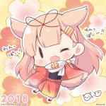  1girl 2018 ;d alternate_costume black_eyes blonde_hair blush chibi dog_tail fang floral_background full_body hair_flaps hair_ornament hair_ribbon hairclip japanese_clothes kantai_collection kemonomimi_mode kimono leg_up long_hair long_sleeves looking_at_viewer momoniku_(taretare-13) obi one_eye_closed open_mouth outstretched_arm paw_print print_kimono red_kimono red_ribbon remodel_(kantai_collection) ribbon sash scarf smile solid_oval_eyes solo standing standing_on_one_leg tail translated twitter_username very_long_hair white_scarf wide_sleeves yukata yuudachi_(kantai_collection) 
