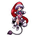  1girl :3 bangs blob blue_hair book boots brown_eyes commentary_request doremy_sweet dream_soul dress flying hat holding legs_crossed looking_at_viewer lowres nightcap outstretched_arm parted_bangs pixel_art pom_pom_(clothes) red_hat sitting smile solo tail takoyaki_neko-san tapir_tail touhou transparent_background 