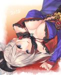  1girl 2018 asymmetrical_hair bare_shoulders blue_eyes blue_kimono breasts cleavage detached_sleeves earrings fate/grand_order fate_(series) hair_ornament highres japanese_clothes jewelry kimono large_breasts leaf_print looking_at_viewer maple_leaf_print miyamoto_musashi_(fate/grand_order) pink_hair ponytail purple_kimono rinarisa sash sheath sheathed short_kimono sleeveless sleeveless_kimono solo upper_body 