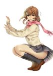  1girl absurdres black_legwear brown_eyes brown_footwear brown_hair dereiope grey_skirt highres looking_at_viewer original outstretched_arms parted_lips pink_scarf scarf school_uniform skirt solo squatting 