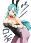  1girl animal_ears aqua_hair bare_shoulders black_leotard bow bowtie breast_squeeze breasts bulma bunny_girl bunny_tail bunnysuit cleavage covered_navel cowboy_shot detached_collar dragon_ball fake_animal_ears highres knucklecurve large_breasts leotard long_hair looking_at_viewer pantyhose purple_legwear rabbit_ears red_neckwear solo strapless strapless_leotard tail white_background wrist_cuffs 