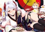  1girl alcohol azur_lane black_legwear blush breasts cup dango drunk food fur gochou_(atemonai_heya) iron_cross japanese_clothes kimono large_breasts lying maneki-neko new_year on_side prinz_eugen_(azur_lane) sakazuki sake silver_hair thigh-highs twintails umbrella wagashi 