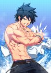  1boy abs adonis_belt bara black_eyes black_hair bracelet clothes_removed cowboy_shot fairy_tail gray_fullbuster highres ice jewelry looking_at_viewer lvlv male_focus muscle navel necklace patterned_background shirtless short_hair smile solo underwear 