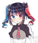  1girl :o bangs black_hair blue_eyes blue_hair blunt_bangs blush collared_shirt commentary_request copyright_request drill_hair eyebrows_visible_through_hair hair_ornament heterochromia ikeuchi_tanuma looking_at_viewer multicolored_hair necktie open_mouth red_eyes redhead shirt sketch solo streaked_hair striped_neckwear twin_drills twintails unfinished upper_body wing_collar 