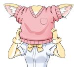  1girl animal_ears bow bowtie commentary_request dressing elbow_gloves fennec_(kemono_friends) fox_ears fur_trim gloves kemono_friends pink_sweater shirt short_sleeves solo sweater takatsuki_nao white_shirt yellow_neckwear 