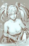  1girl bangs bare_shoulders breasts cleavage closed_eyes closed_mouth commentary grey_background greyscale highres japanese_clothes kimono large_breasts league_of_legends lips long_hair long_sleeves monochrome off_shoulder simple_background sketch solo sona_buvelle standing tim_loechner twintails wide_sleeves 