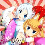  2girls :3 akiiro animal_ears blonde_hair blue_eyes blush closed_mouth dennou_shoujo_youtuber_shiro eyebrows_visible_through_hair flower fox_ears hair_flower hair_ornament japanese_clothes kemomimi_vr_channel kimono long_hair looking_at_viewer multiple_girls nekomasu_(kemomimi_vr_channel) open_mouth shiro_(dennou_shoujo_youtuber_shiro) short_hair smile twintails white_hair 