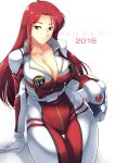  1girl 2018 arm_support bodysuit breasts christina_mackenzie cleavage collarbone english green_eyes gundam gundam_0080 haganef happy_new_year headwear_removed helmet helmet_removed large_breasts long_hair new_year redhead skin_tight solo 